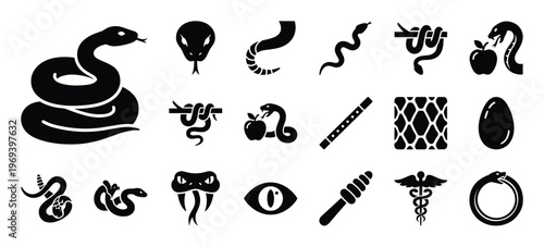 Collection of black silhouette snake icons and related symbols, including a coiled snake, snake head, and a snake with an apple