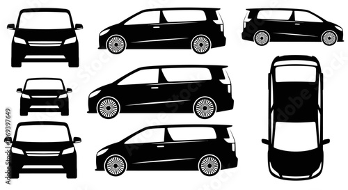 Black Silhouette of a Minivan from Multiple Angles: Front, Side, and Top Views