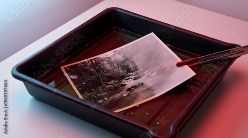 A black and white photograph is developed in a darkroom tray, held by tongs under a red light, showcasing the traditional photographic process.