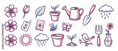 Vibrant collection of hand-drawn gardening and nature-themed illustrations, featuring flowers, tools, insects, and weather elements in a playful sketch style