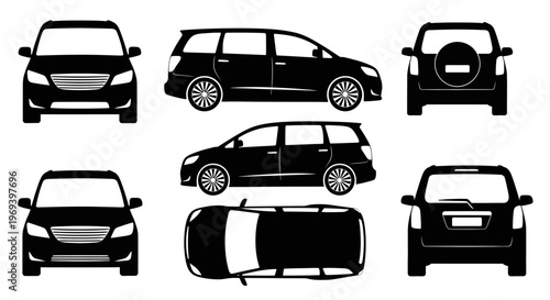 Black Silhouette of a Minivan from Multiple Angles: Front, Side, Rear, Top Views