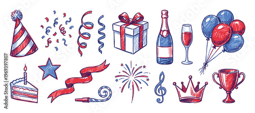 Collection of red and blue hand-drawn party and celebration elements, including a hat, confetti, balloons, and champagne, in a sketch style