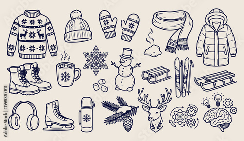Cute snowman illustration, winter clothing doodles, outdoor winter sports, skiing and sledding art, cold weather vector, winter holiday icons, festive snow gear

Tags: snowman, winter, clothing, doodl
