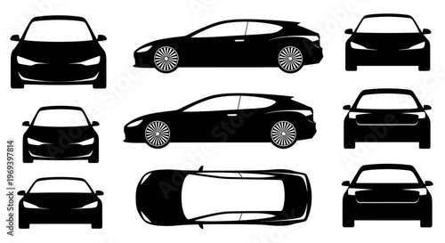 Black silhouette of a modern sports car from multiple angles: front, side, top, and rear views.