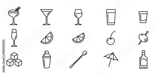 Collection of black outline icons representing various cocktail glasses, garnishes, and bar tools, presented in a clean, minimalist style