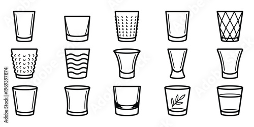 Diverse collection of fifteen black outline drinking glasses and shot glasses in various shapes and patterns