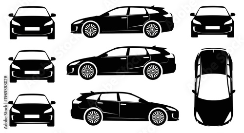 Black Silhouette of a Station Wagon Car from Multiple Angles: Front, Side, Top