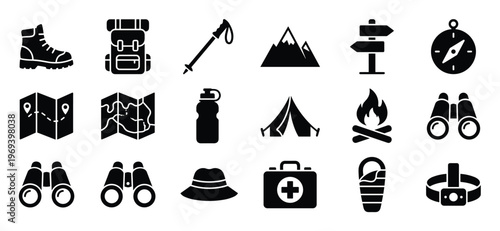 Collection of black silhouette icons representing various outdoor adventure and camping equipment essentials for explorers