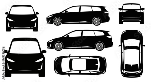 Black Silhouette of a Station Wagon Car from Multiple Angles: Front, Side, Top, Rear Views