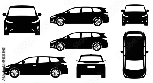 Black Silhouette of a Station Wagon Car from Multiple Angles