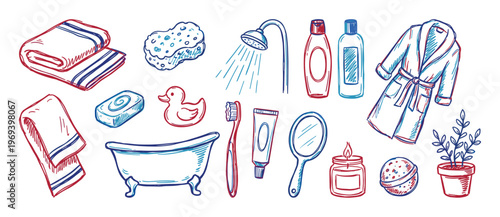 Collection of hand-drawn bathroom and hygiene items, including towels, soap, a rubber duck, shower, and bathrobe, in a charming doodle style