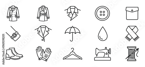 Collection of fifteen black outline icons depicting various clothing items and sewing related objects, presented clearly