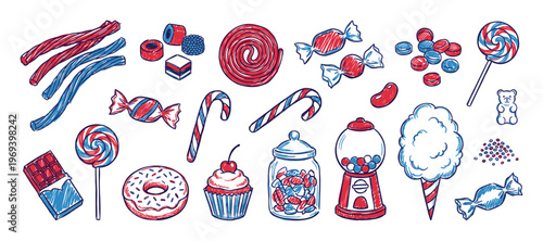 Various colorful candies and sweets are depicted in a hand-drawn doodle style, showcasing a playful and sugary assortment