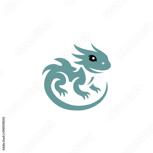 Fotografi A charming and imaginative minimalist logo in muted teal, depicting a small baby dragon or mythical reptile