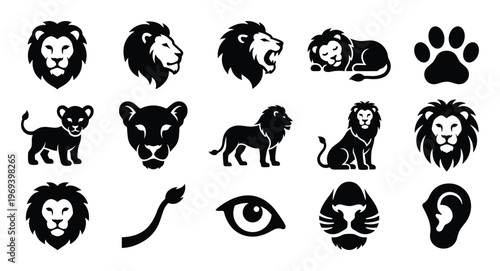 Collection of various stylized black lion icons, including heads, full bodies, a cub, a paw, an eye, a tail, and an ear, presented as graphic elements