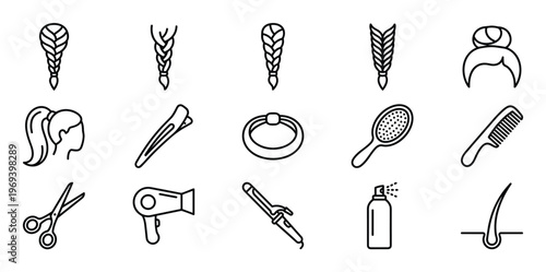 Collection of fifteen black outline icons representing various hairstyles, hair care tools, and hair-related concepts, presented in a clean, minimalist style
