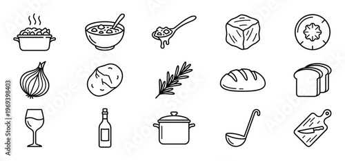 Collection of fifteen black outline cooking and kitchen icons including food, ingredients, and utensils