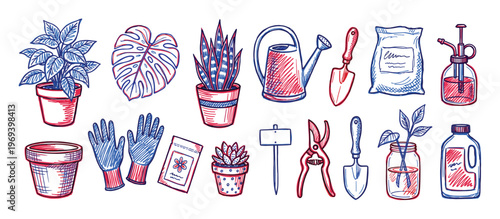 Various gardening tools and potted plants are hand-drawn in a vibrant red and blue sketch style, showcasing essential items for horticulture