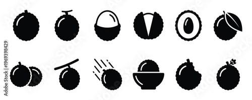 Collection of black silhouette lychee fruit icons in various forms, including whole, peeled, and bitten, presented in a clean, graphic style