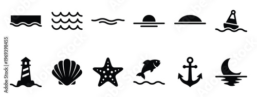 Collection of black silhouette nautical and marine icons, including waves, sun, buoy, lighthouse, shell, starfish, fish, anchor, and moon, presented in a clean, graphic style