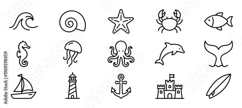 Collection of fifteen simple black outline icons representing various marine life and beach-related objects in a clean, minimalist style