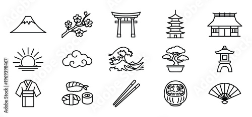 Collection of fifteen black outline Japanese culture icons, including Mount Fuji, cherry blossoms, and a torii gate, presented in a clean, minimalist style