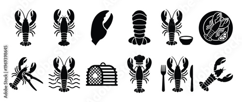 Collection of black silhouette lobster icons, including whole lobsters, claws, tails, and a lobster trap, presented with clean, graphic style