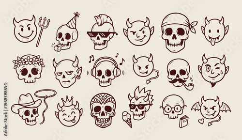 Funny skulls rebels, gothic rock doodle, cool pirate vector, urban street line art, punk lifestyle pattern, spooky icons background, hand drawn skulls
