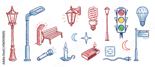 Various hand-drawn light sources and related items, including streetlights, bulbs, candles, and a traffic light, in a playful sketch style