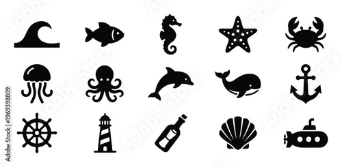 Collection of fifteen black silhouette sea life and nautical icons arranged neatly on a white surface, featuring various marine creatures and ocean-related symbols