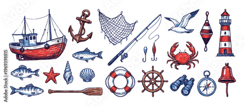 Various hand-drawn nautical and fishing elements, including a boat, anchor, fish, and lighthouse, are arranged neatly in a vibrant illustration