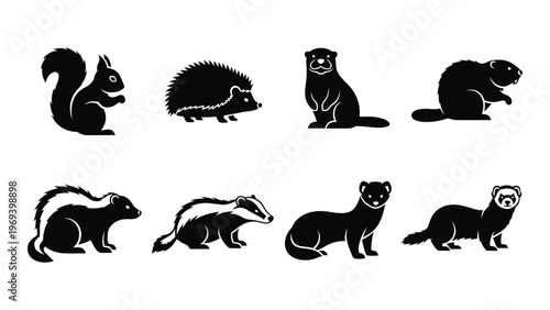 A collection of eight different woodland creatures depicted in a flat black style silhouette high quality professional detailed modern elegant stylish