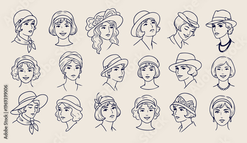 Elegant ladies fashion, vintage style doodle, woman portrait vector, beauty and glamour line art, feminine lifestyle pattern, fashion icons background, hand drawn women
