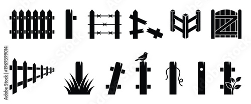 Collection of various black fence and gate icons, including picket fences, barbed wire, broken sections, and a bird perched on a post, presented in a clean, graphic style