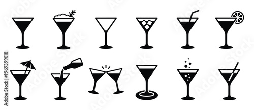 Collection of twelve black silhouette martini glass icons depicting various drinks, garnishes, and actions, presented in a clean, graphic style