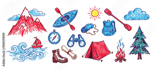 Various colorful hand-drawn doodle elements depicting outdoor adventure and camping activities with a playful, childlike style