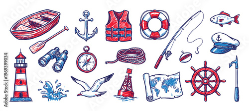 Various hand-drawn nautical and marine elements, including a boat, lighthouse, anchor, life vest, compass, and fishing rod, rendered in a sketch style with red and blue accents