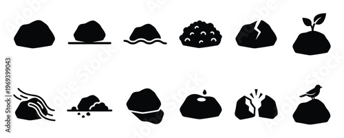 Collection of black silhouette rock icons depicting various states and interactions, presented in a clean, minimalist style