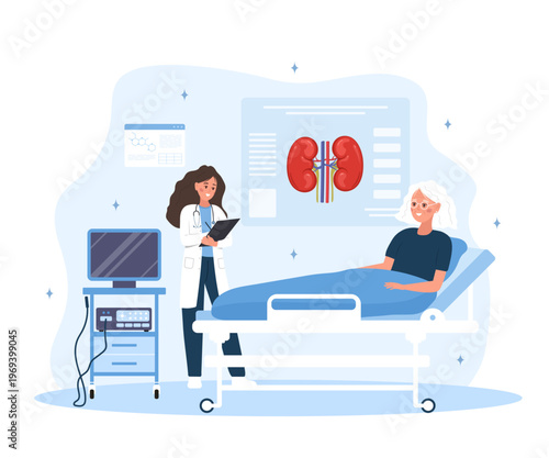 Kidney disease diagnosis. Internal organ health. Cartoon character design with doctor and patient in clinic. Dialysis therapy or renal failure. Human anatomy banner for urology and nephrology.