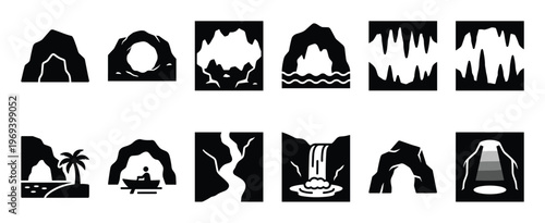 Collection of various black and white cave and grotto icons, depicting different natural formations and scenes