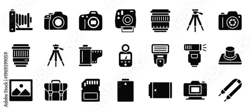 Comprehensive collection of black silhouette photography equipment icons, including cameras, lenses, and accessories, presented in a clean, graphic style