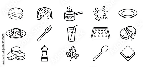 Collection of fifteen black and white line art icons representing various food items, kitchenware, and meal components