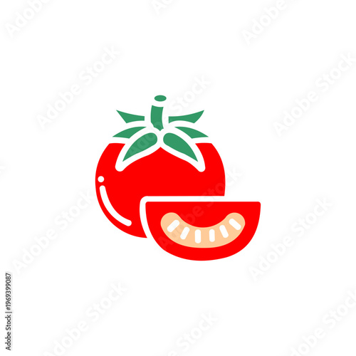 A bright and appetizing minimalist logo in vibrant red and leaf green, depicting a whole tomato alongside a cross-section slice.