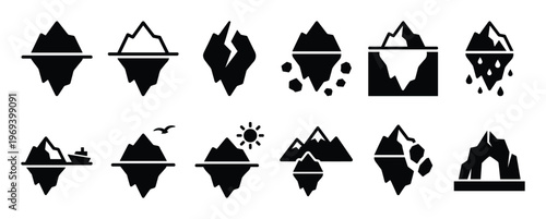 Collection of twelve black silhouette iceberg icons depicting various forms and states of ice formations in a clean, graphic style