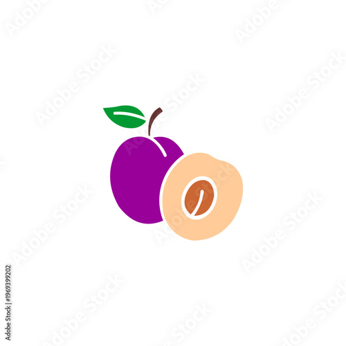 A clean and vibrant minimalist logo in rich purple, peach, and leaf green, depicting a whole plum alongside a circular cross-section slice.
