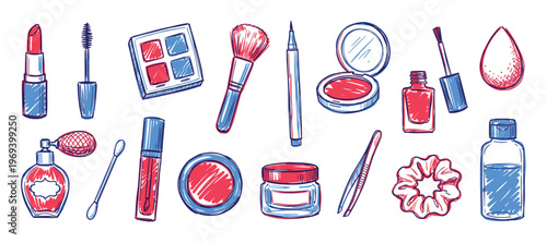 Various hand-drawn red and blue beauty and makeup products are arranged neatly in a vibrant, illustrative style