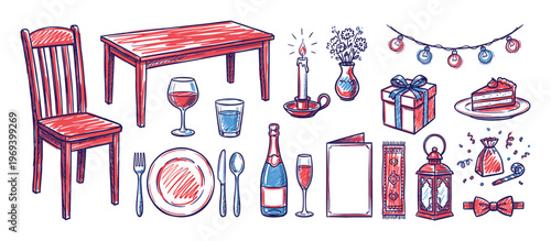 Collection of hand-drawn red and blue celebration and dining elements, including furniture, food, drinks, and decorative items