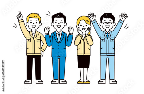 笑顔で喜ぶ・元気に頑張る、社長・男性作業員・女性事務員の全身ベクターイラスト素材セット