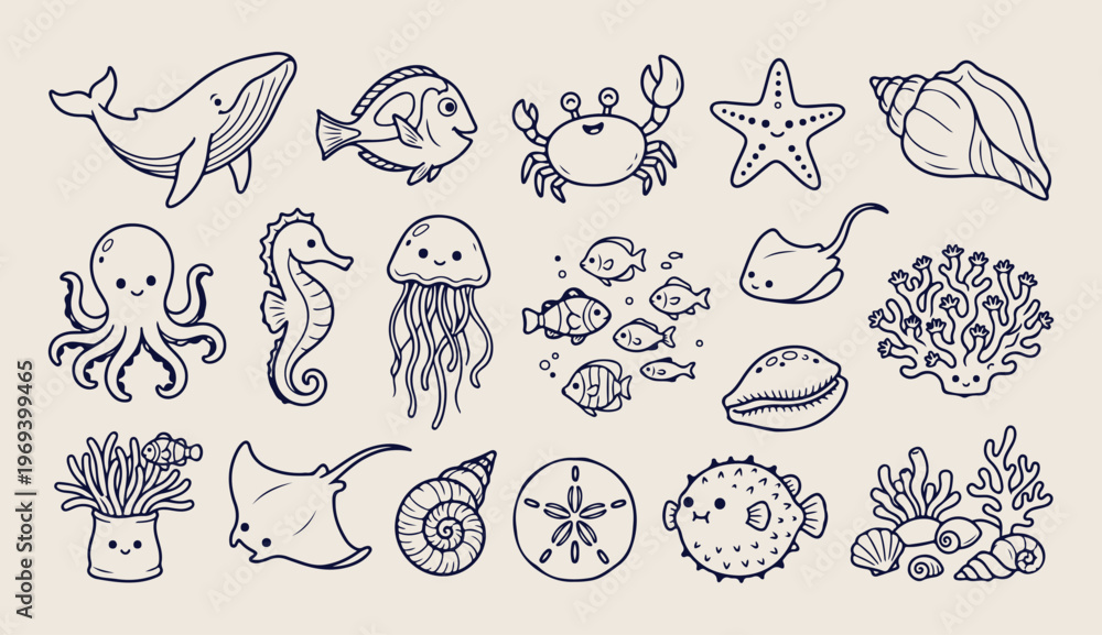 Fototapeta premium Under the sea creatures, marine life doodle, fish and ocean vector, coral reef line art, aquatic animal 