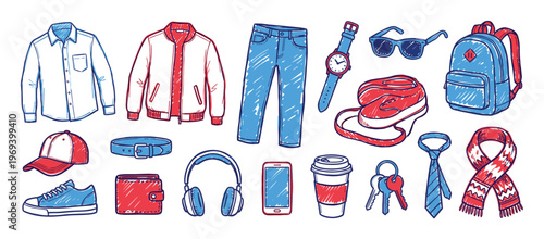Various hand-drawn doodle style men's fashion accessories and clothing items are neatly arranged on a clean white surface